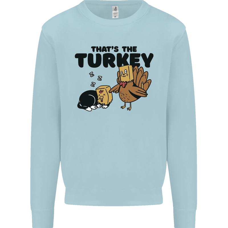 Thanks Giving Christmas Turkey Cat Kids Sweatshirt Jumper Light Blue