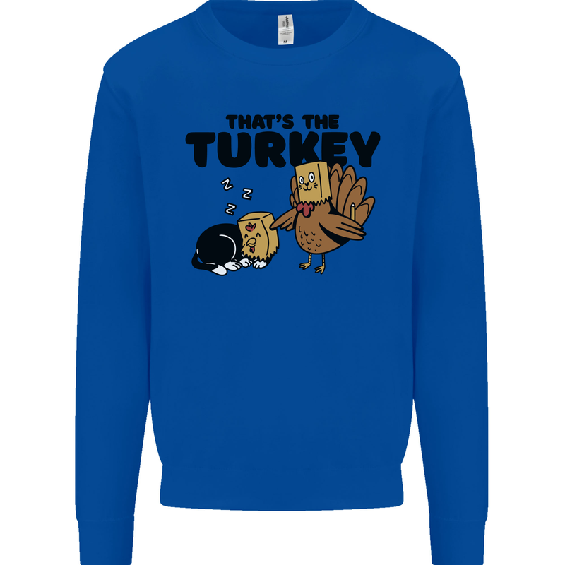 Thanks Giving Christmas Turkey Cat Kids Sweatshirt Jumper Royal Blue