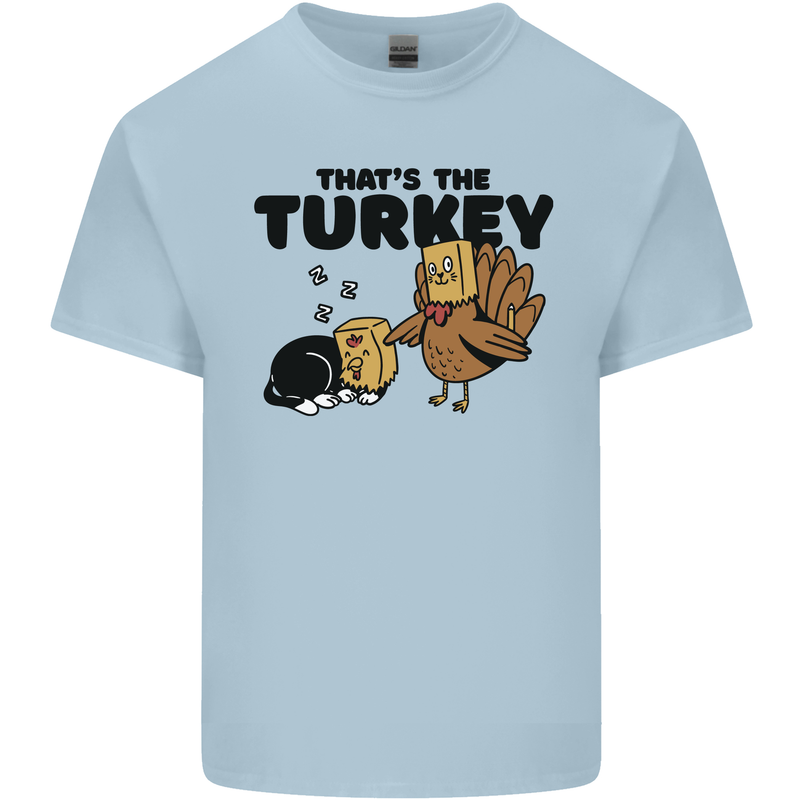 Thanks Giving Christmas Turkey Cat Mens Cotton T-Shirt Tee Top Light Blue