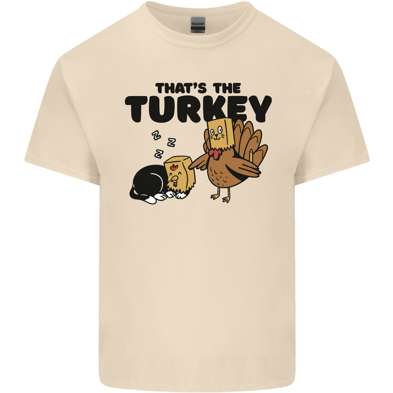 Thanks Giving Christmas Turkey Cat Mens Cotton T-Shirt Tee Top Natural