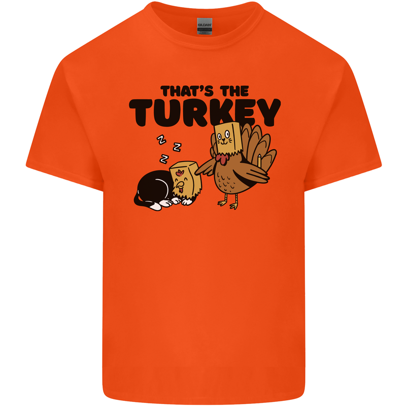 Thanks Giving Christmas Turkey Cat Mens Cotton T-Shirt Tee Top Orange