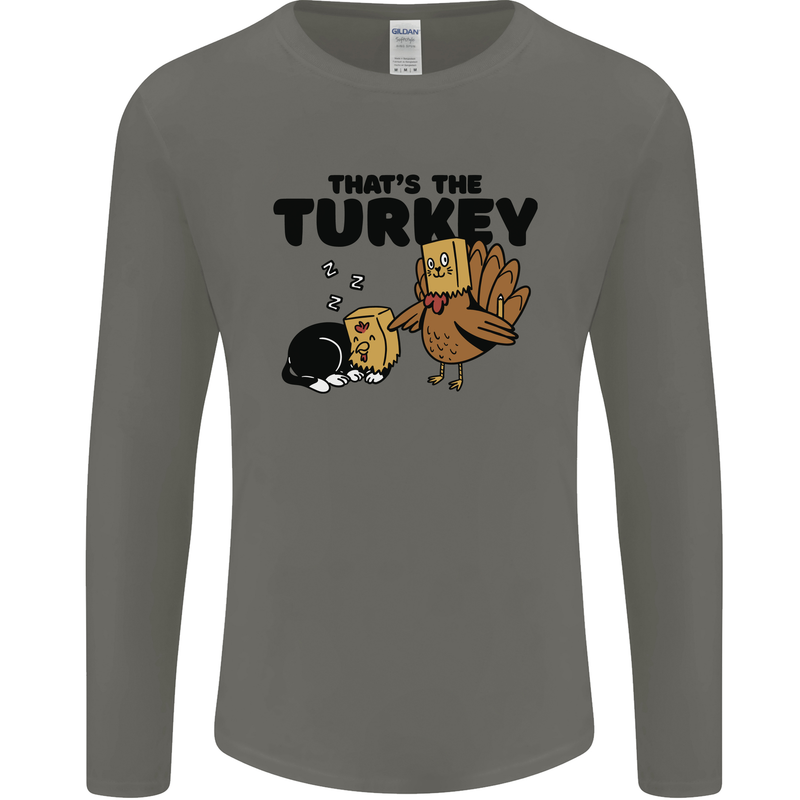 Thanks Giving Christmas Turkey Cat Mens Long Sleeve T-Shirt Charcoal