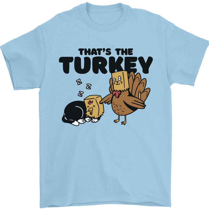 Thanks Giving Christmas Turkey Cat Mens T-Shirt 100% Cotton Light Blue