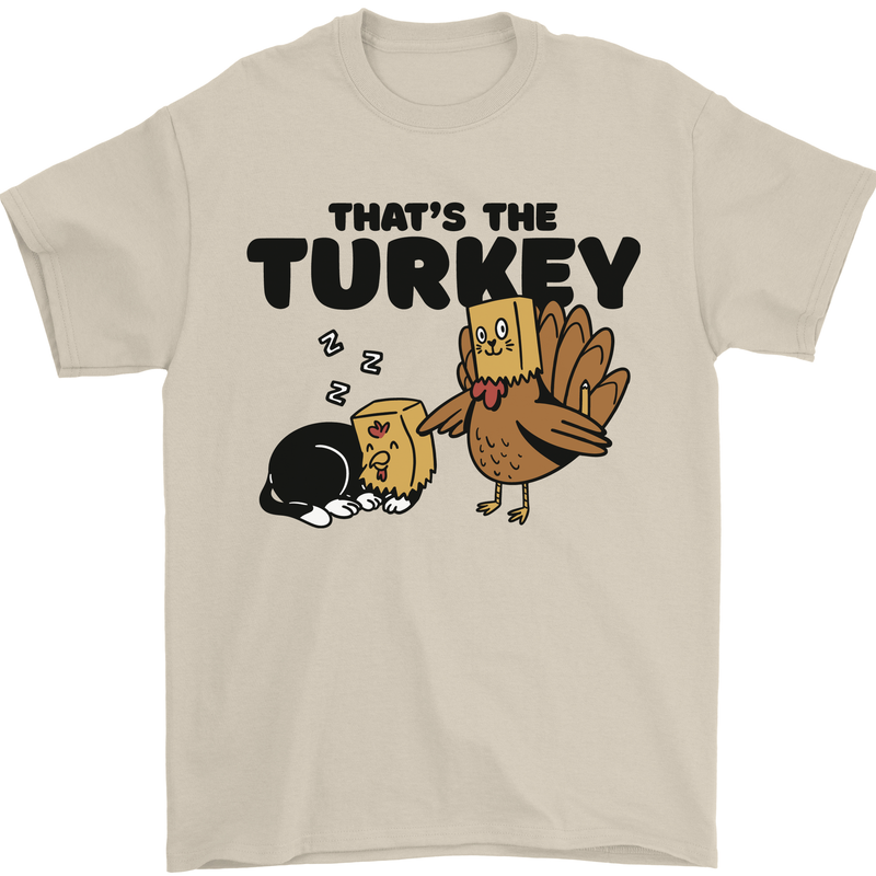Thanks Giving Christmas Turkey Cat Mens T-Shirt 100% Cotton Sand
