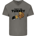 Thanks Giving Christmas Turkey Cat Mens V-Neck Cotton T-Shirt Charcoal