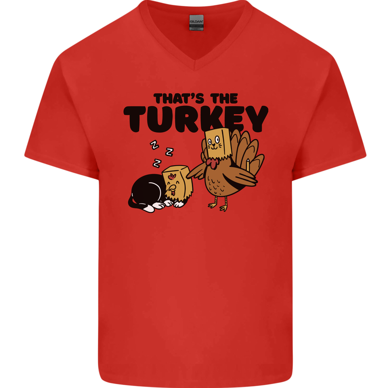 Thanks Giving Christmas Turkey Cat Mens V-Neck Cotton T-Shirt Red