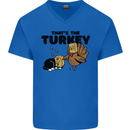 Thanks Giving Christmas Turkey Cat Mens V-Neck Cotton T-Shirt Royal Blue