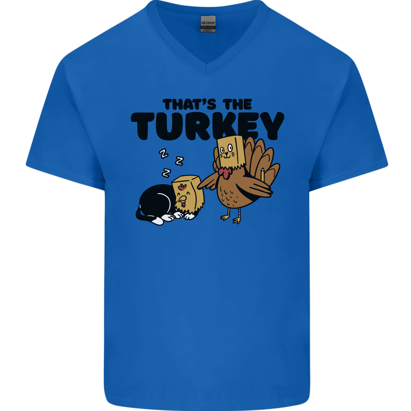 Thanks Giving Christmas Turkey Cat Mens V-Neck Cotton T-Shirt Royal Blue