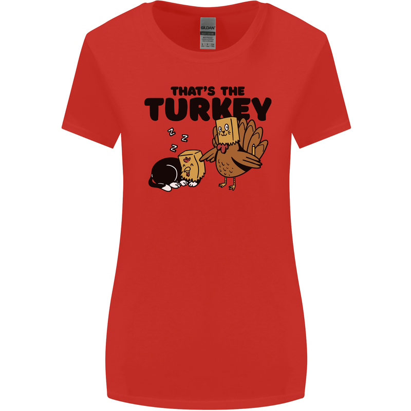 Thanks Giving Christmas Turkey Cat Womens Wider Cut T-Shirt Red
