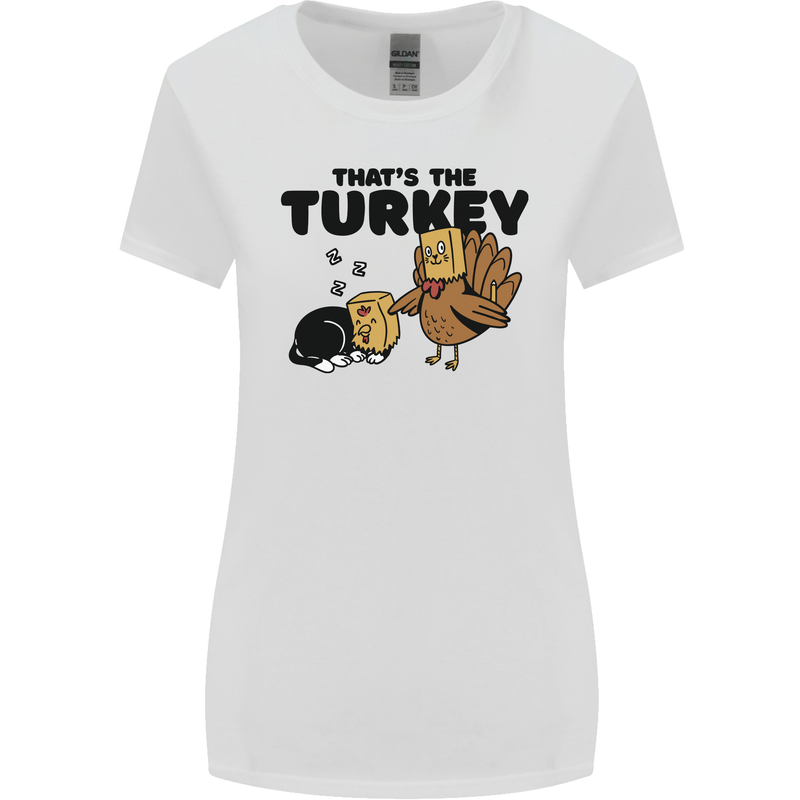 Thanks Giving Christmas Turkey Cat Womens Wider Cut T-Shirt White