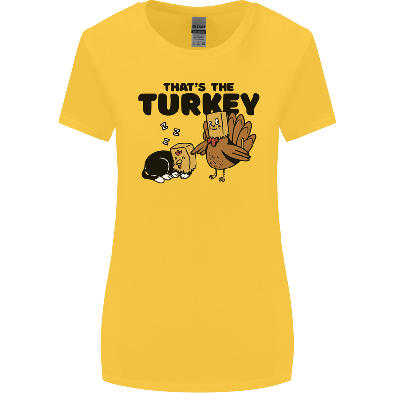 Thanks Giving Christmas Turkey Cat Womens Wider Cut T-Shirt Yellow