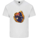 The Australian Flag Fire Effect Australia Mens V-Neck Cotton T-Shirt White