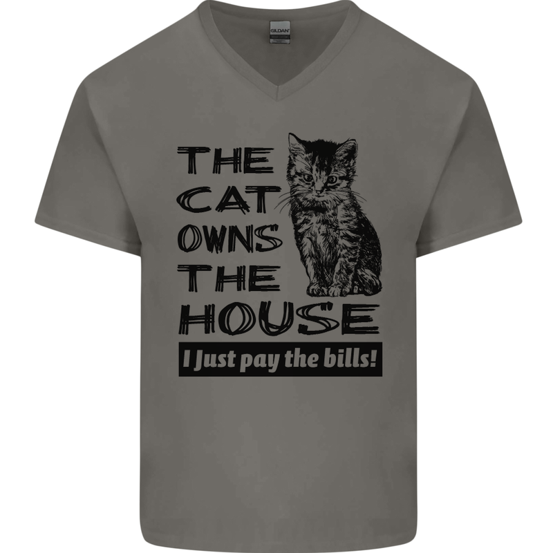 The Cat Owns the House Funny Kitten Mens V-Neck Cotton T-Shirt Charcoal