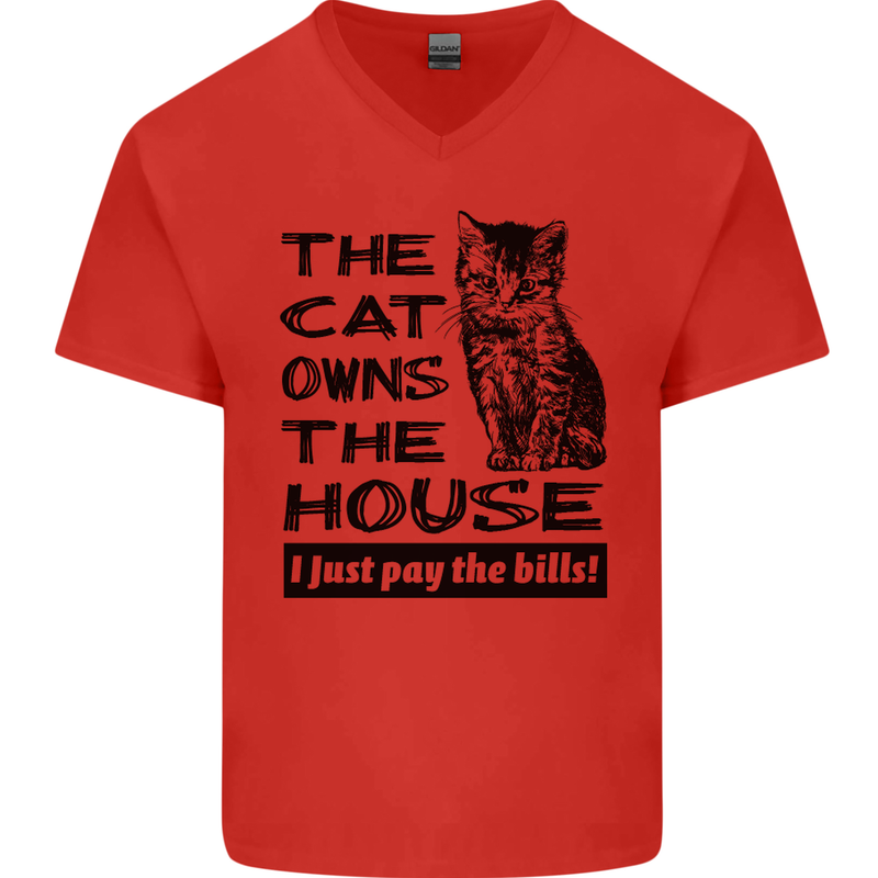 The Cat Owns the House Funny Kitten Mens V-Neck Cotton T-Shirt Red