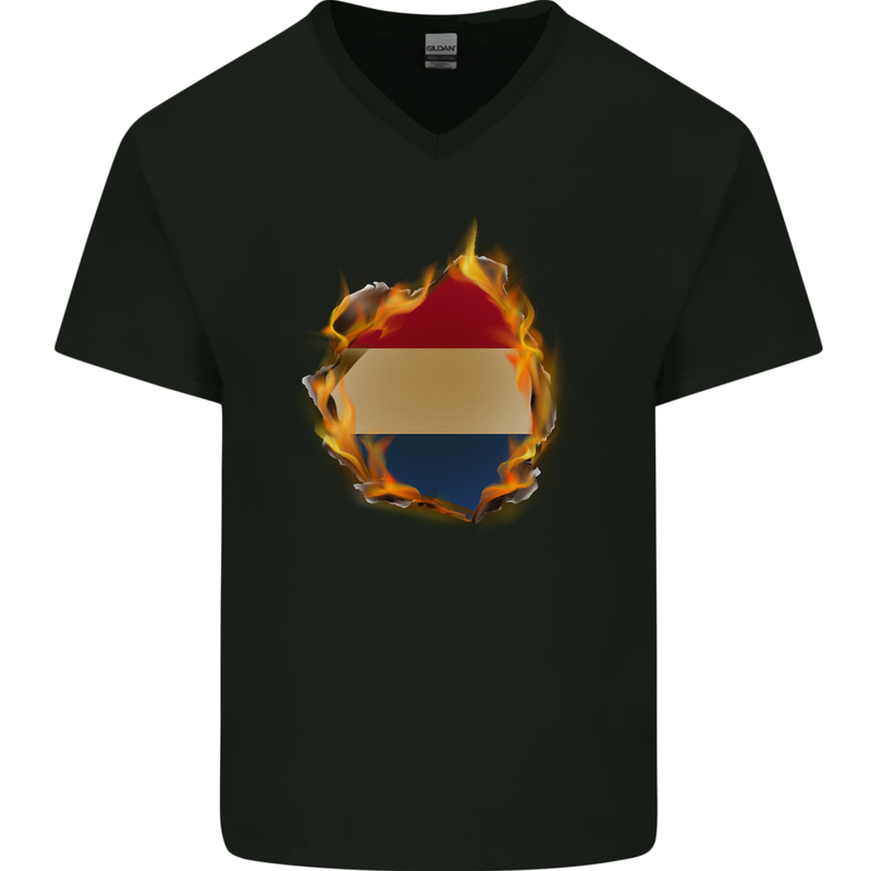 The Dutch Flag Fire Effect Holland Mens V-Neck Cotton T-Shirt Black