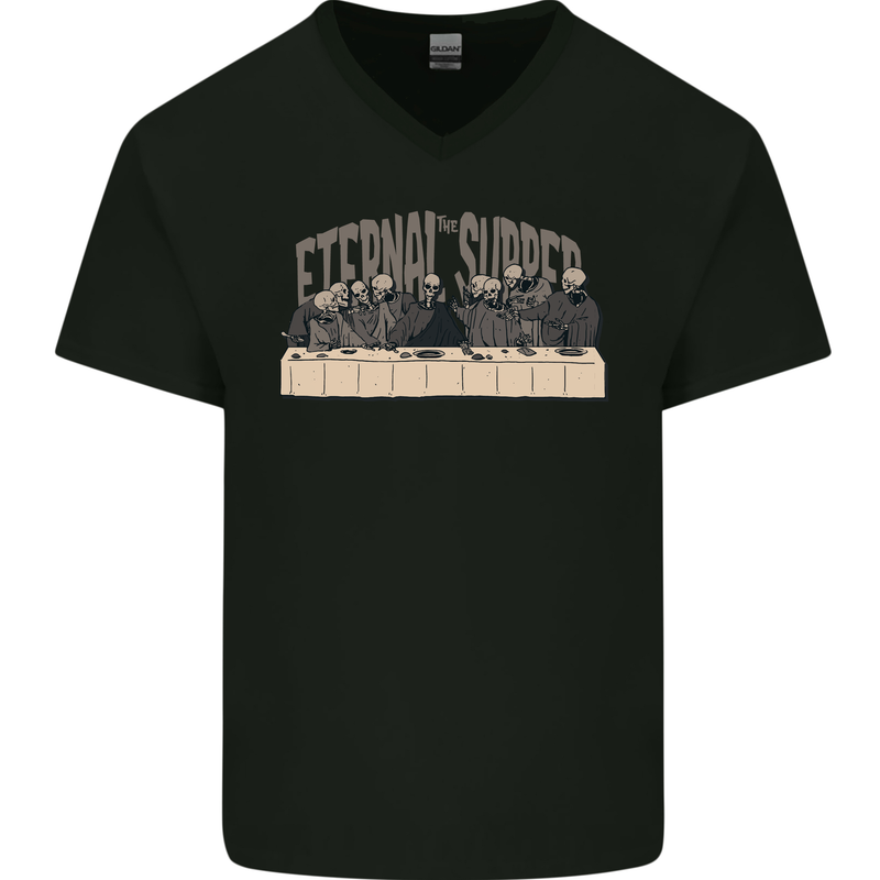 The Eternal Supper Last Parody Atheist Skulls Mens V-Neck Cotton T-Shirt Black