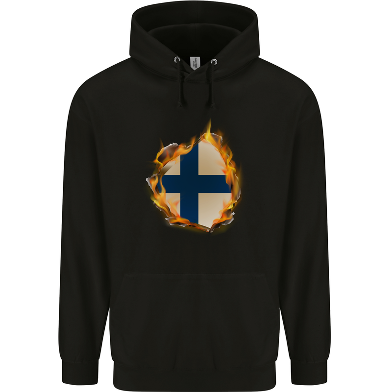 The Finnish Flag Fire Effect Finland Childrens Kids Hoodie Black