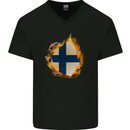 The Finnish Flag Fire Effect Finland Mens V-Neck Cotton T-Shirt Black