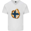 The Finnish Flag Fire Effect Finland Mens V-Neck Cotton T-Shirt White
