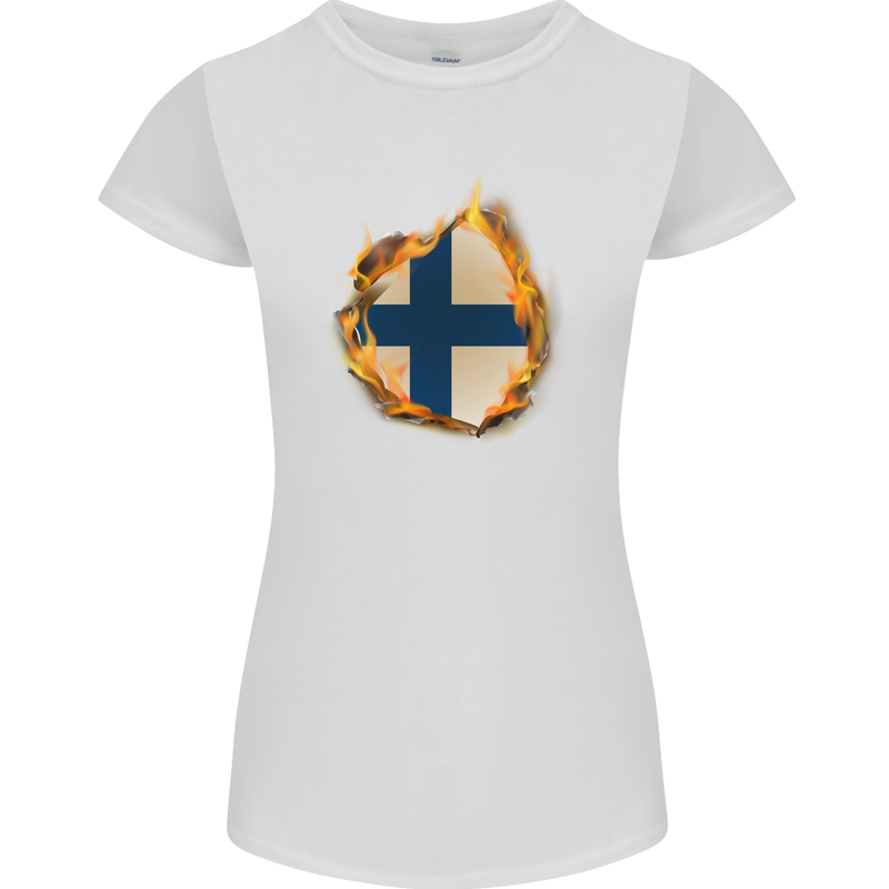 The Finnish Flag Fire Effect Finland Womens Petite Cut T-Shirt White