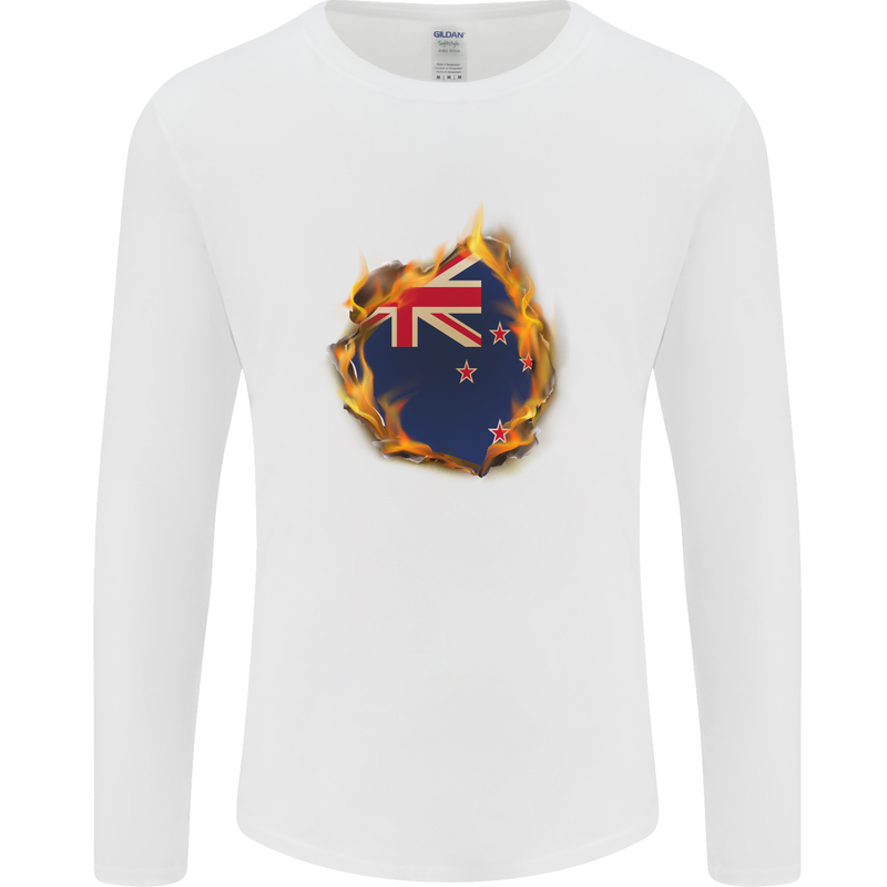 The Flag of New Zealand Fire Effect Kiwi Mens Long Sleeve T-Shirt White