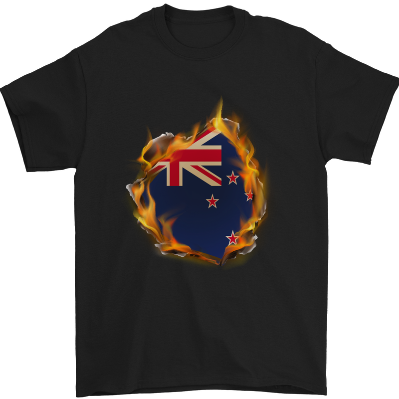 The Flag of New Zealand Fire Effect Kiwi Mens T-Shirt Cotton Gildan Black