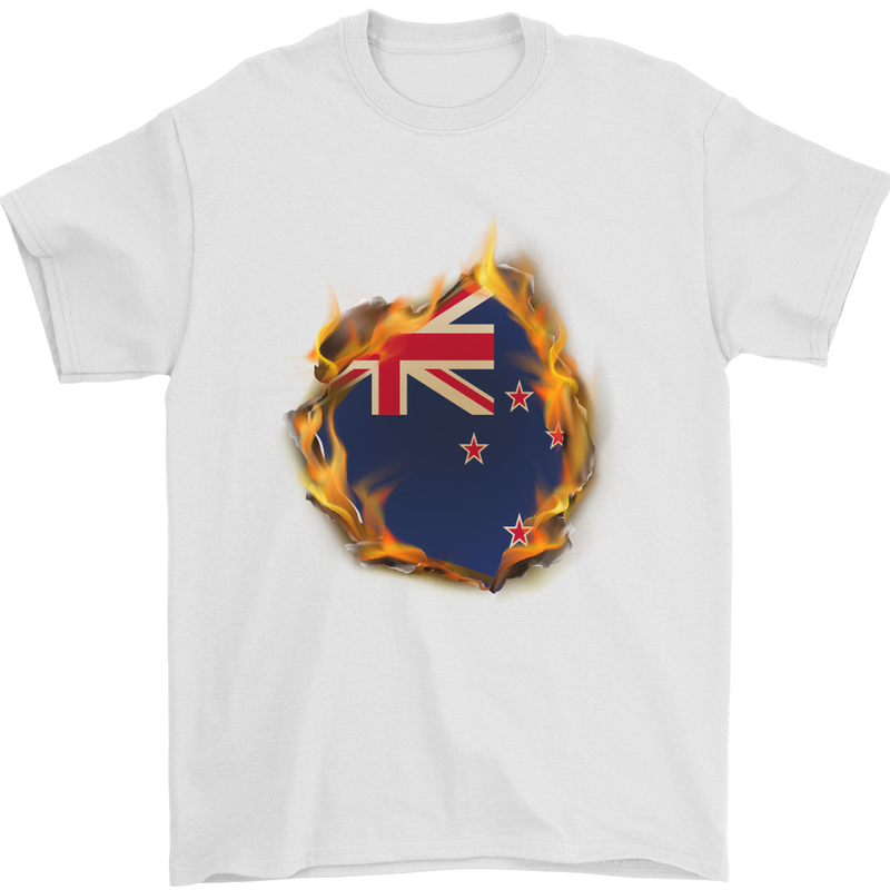 The Flag of New Zealand Fire Effect Kiwi Mens T-Shirt Cotton Gildan White