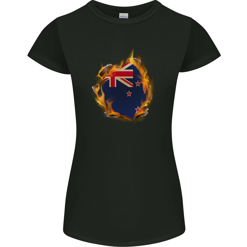 The Flag of New Zealand Fire Effect Kiwi Womens Petite Cut T-Shirt Black