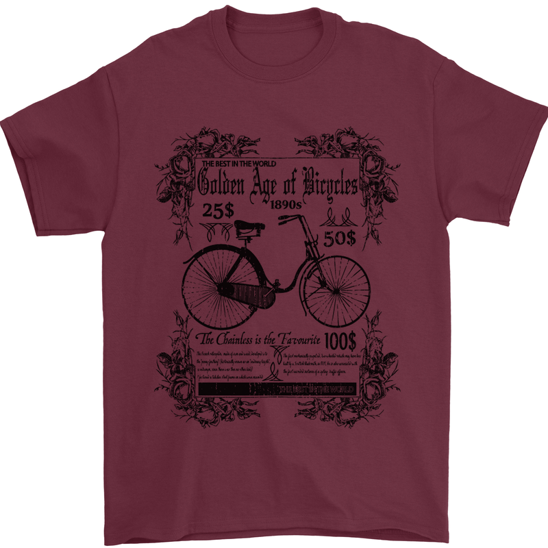 The Golden Age of Bicycles Cyclist Cycling Mens T-Shirt Cotton Gildan Maroon
