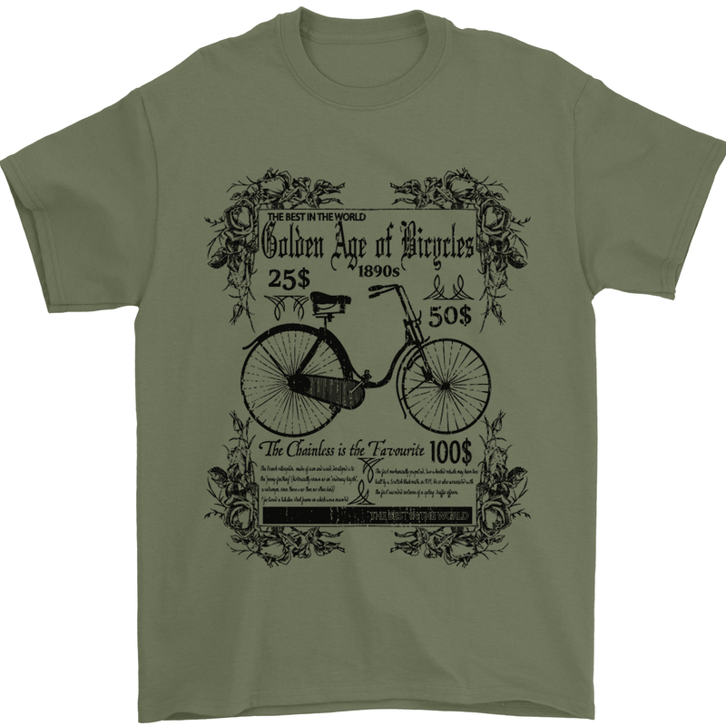 The Golden Age of Bicycles Cyclist Cycling Mens T-Shirt Cotton Gildan Military Green