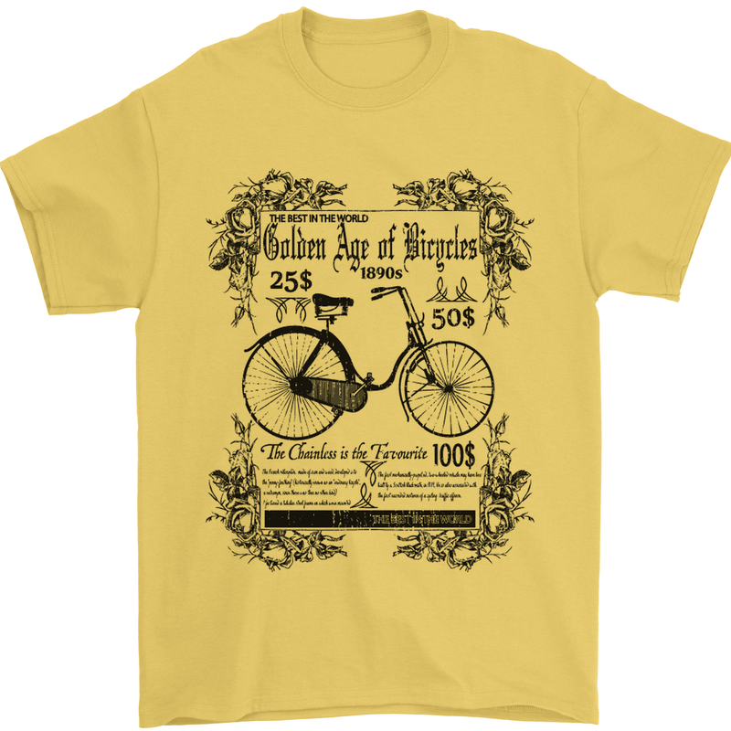 The Golden Age of Bicycles Cyclist Cycling Mens T-Shirt Cotton Gildan Yellow
