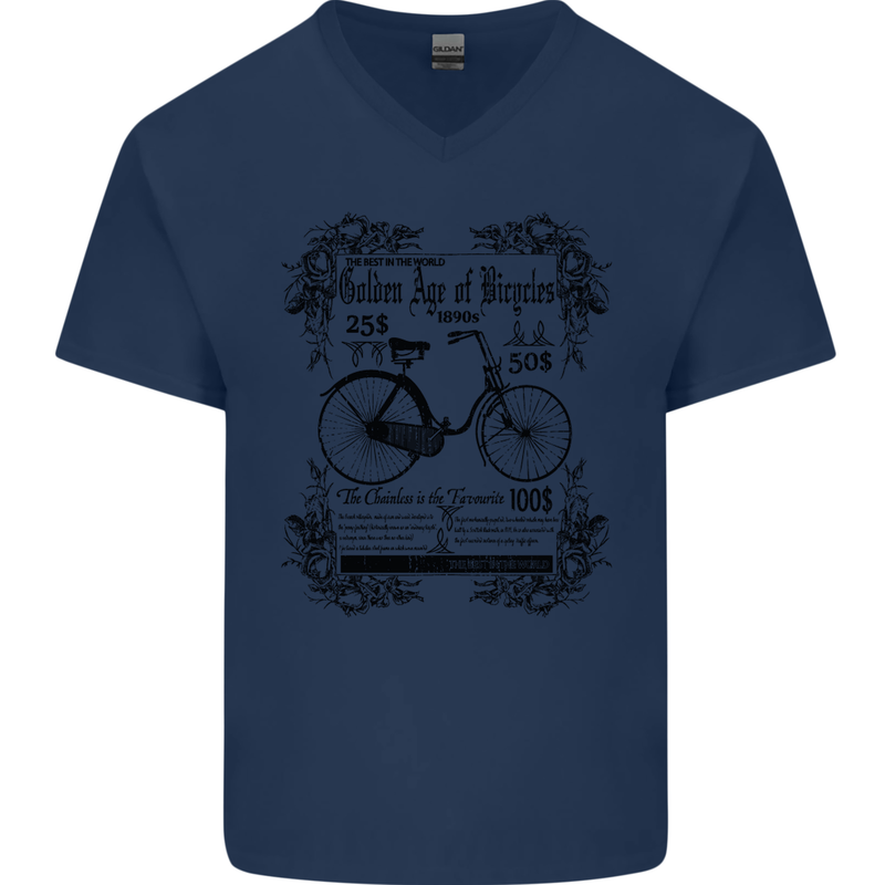 The Golden Age of Bicycles Cyclist Cycling Mens V-Neck Cotton T-Shirt Navy Blue