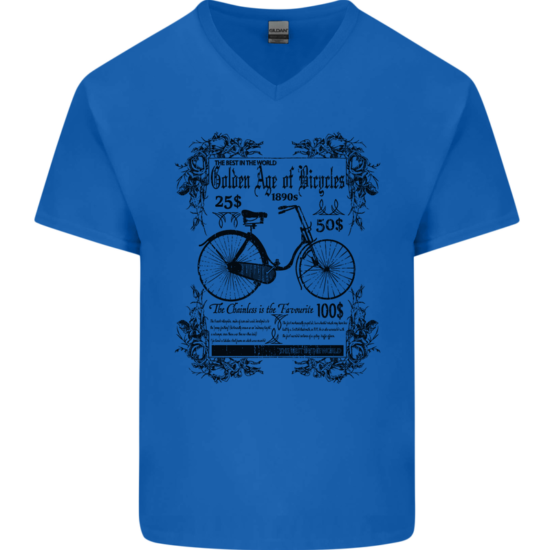 The Golden Age of Bicycles Cyclist Cycling Mens V-Neck Cotton T-Shirt Royal Blue
