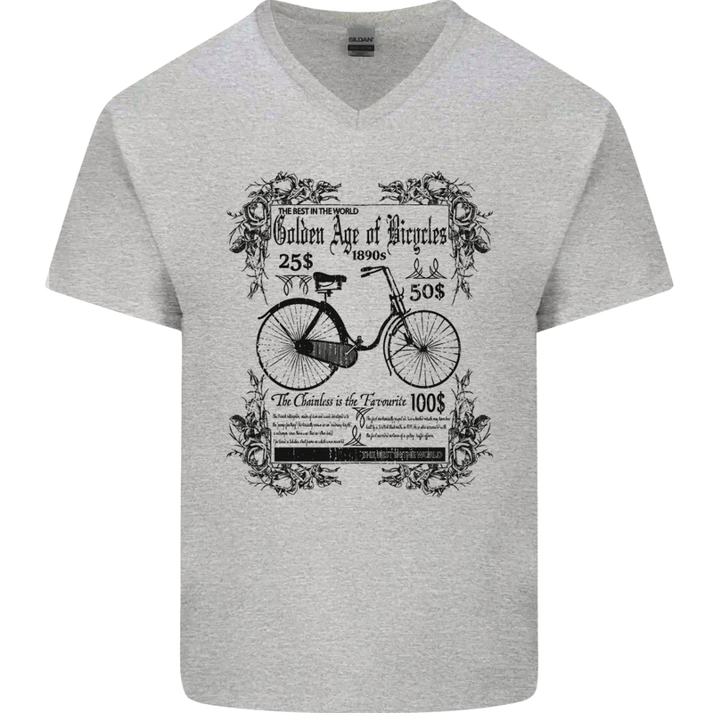 The Golden Age of Bicycles Cyclist Cycling Mens V-Neck Cotton T-Shirt Sports Grey