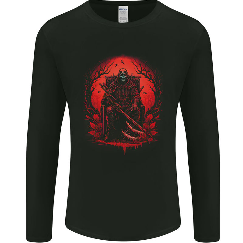 The Grim Reaper On His Throne Gothic Biker Mens Long Sleeve T-Shirt Black