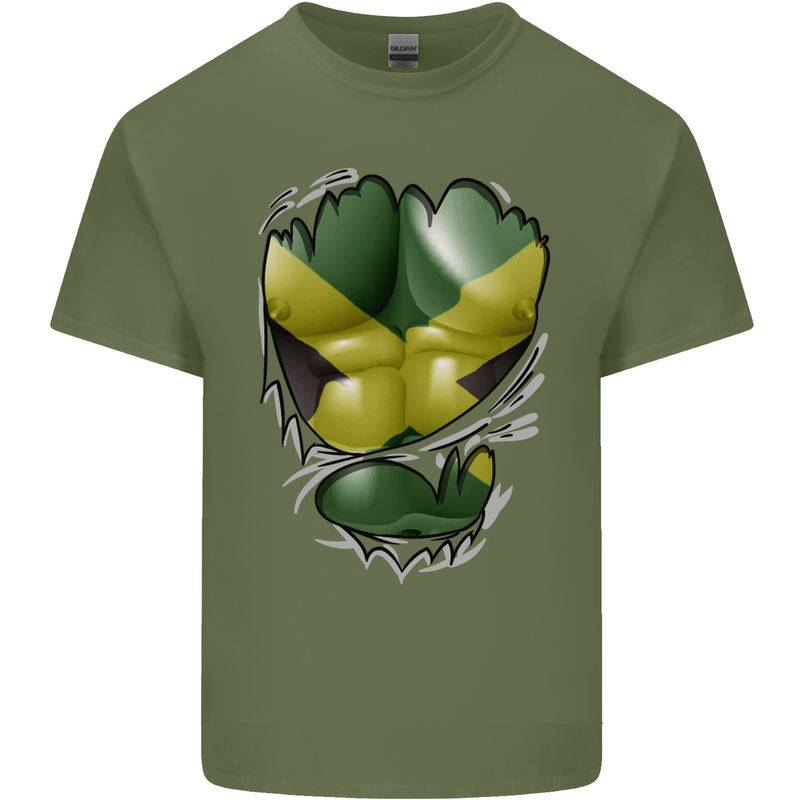 The Jamaican Flag Ripped Muscles Jamaica Mens Cotton T-Shirt Tee Top Military Green