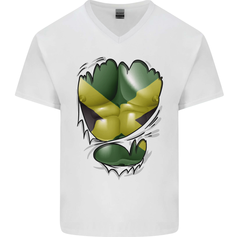 The Jamaican Flag Ripped Muscles Jamaica Mens V-Neck Cotton T-Shirt White