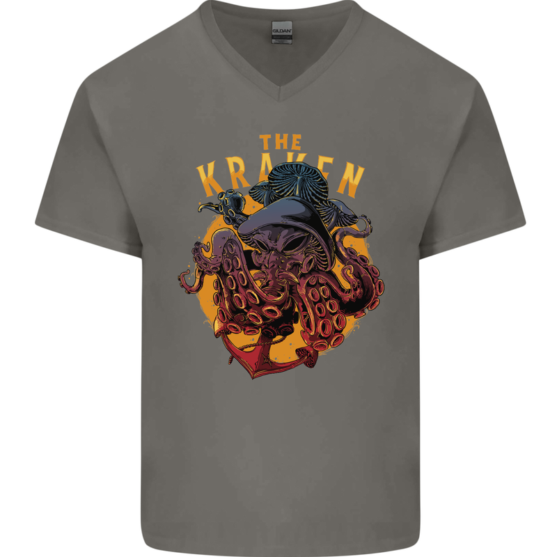 The Kraken Octopus Cthulhu Scuba Diving Mens V-Neck Cotton T-Shirt Charcoal