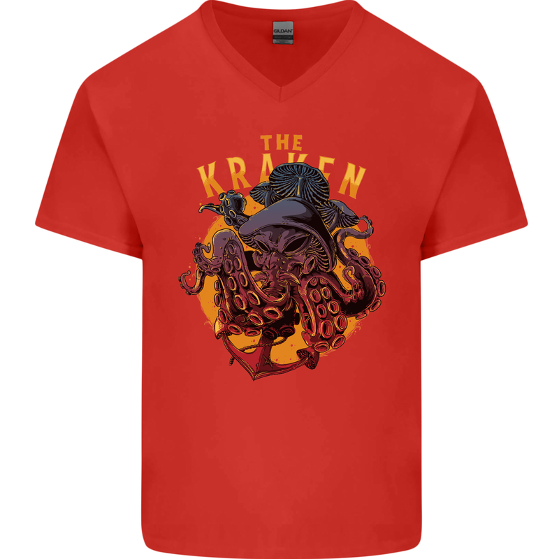 The Kraken Octopus Cthulhu Scuba Diving Mens V-Neck Cotton T-Shirt Red