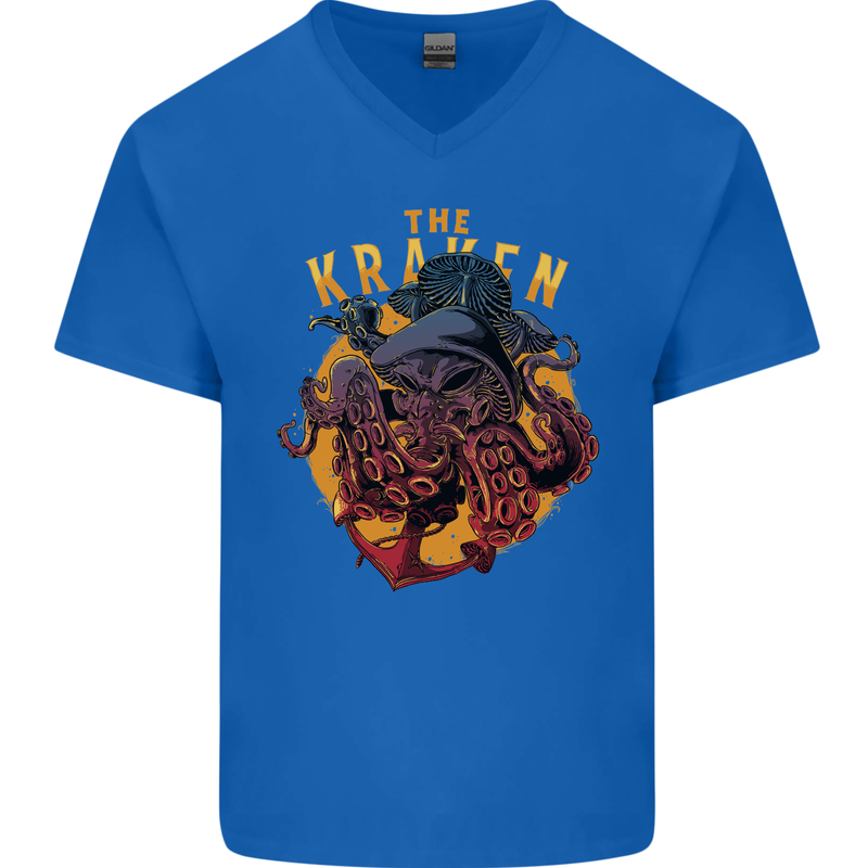 The Kraken Octopus Cthulhu Scuba Diving Mens V-Neck Cotton T-Shirt Royal Blue