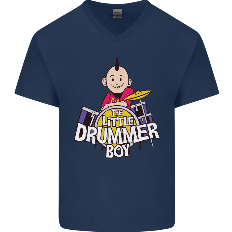 The Little Drummer Boy Funny Drumming Drum Mens V-Neck Cotton T-Shirt Navy Blue