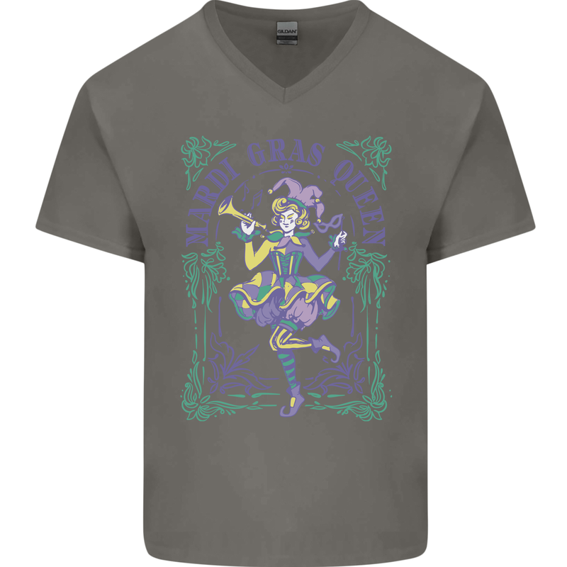 The Mardi Gras Queen Mens V-Neck Cotton T-Shirt Charcoal