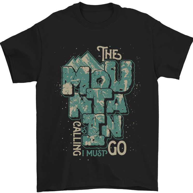 The Mountain Is Calling Hiking Trekking Mens T-Shirt Cotton Gildan Black