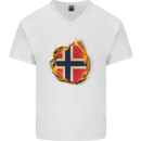 The Norwegian Flag Fire Effect Norway Mens V-Neck Cotton T-Shirt White