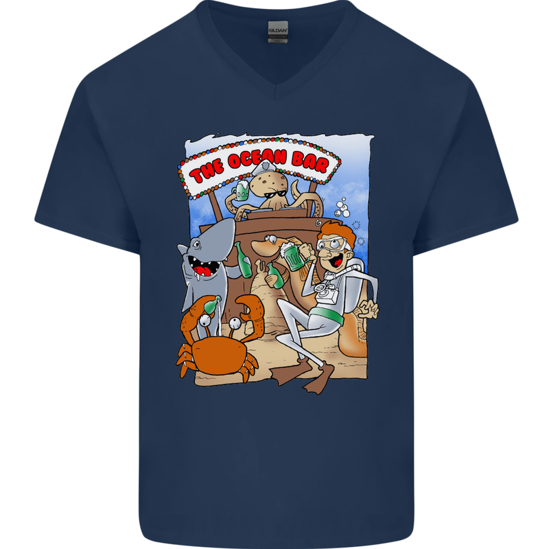 The Ocean Bar Scuba Diving Diver Alcohol Mens V-Neck Cotton T-Shirt Navy Blue