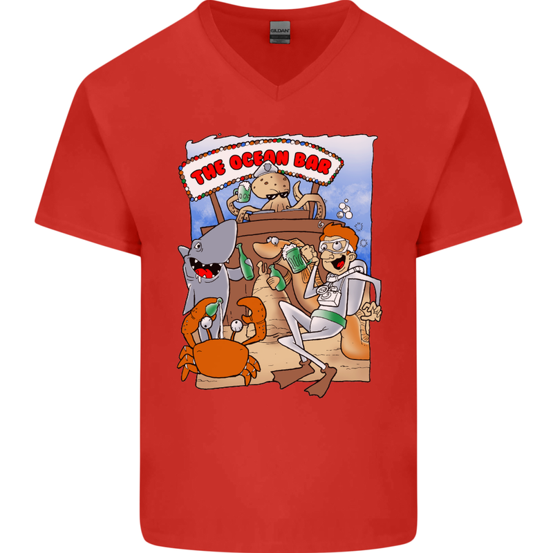 The Ocean Bar Scuba Diving Diver Alcohol Mens V-Neck Cotton T-Shirt Red