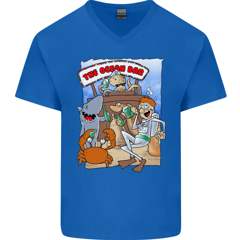 The Ocean Bar Scuba Diving Diver Alcohol Mens V-Neck Cotton T-Shirt Royal Blue