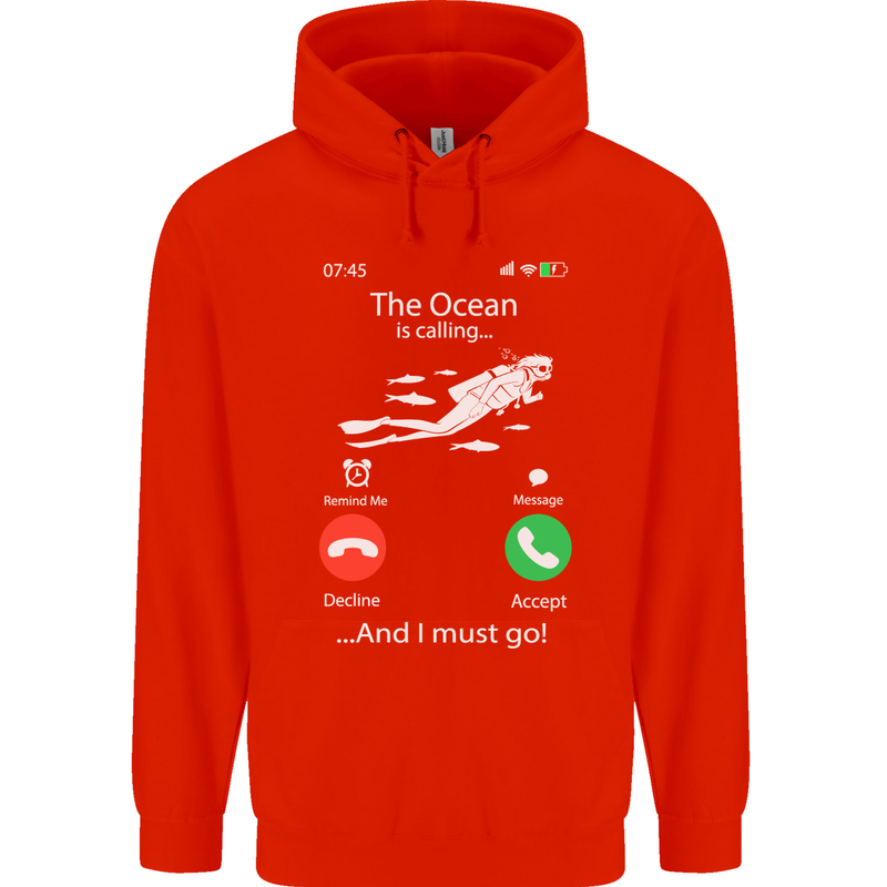 The Ocean Is Calling Scuba Diving Diver Childrens Kids Hoodie Bright Red