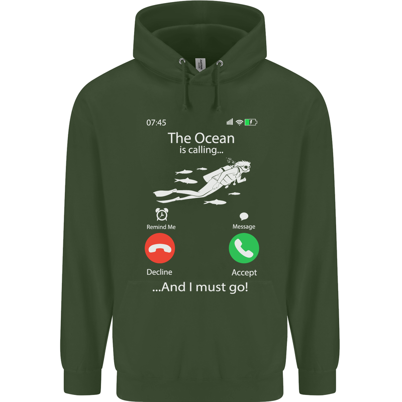 The Ocean Is Calling Scuba Diving Diver Childrens Kids Hoodie Forest Green