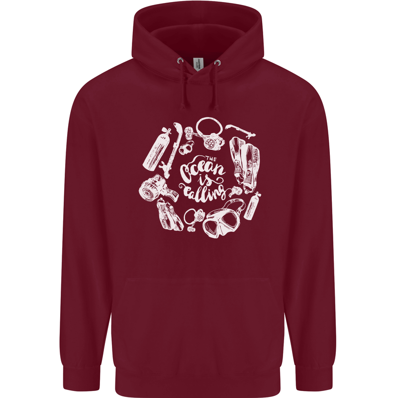 The Ocean Is Calling Scuba Diving Diver Childrens Kids Hoodie Maroon